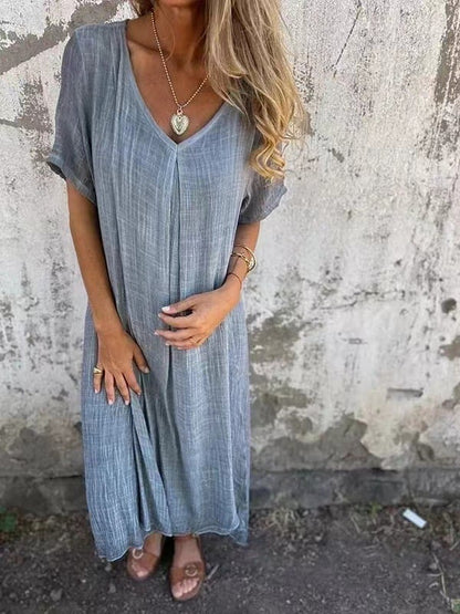 Linne- cotton and linen v neck midi dress